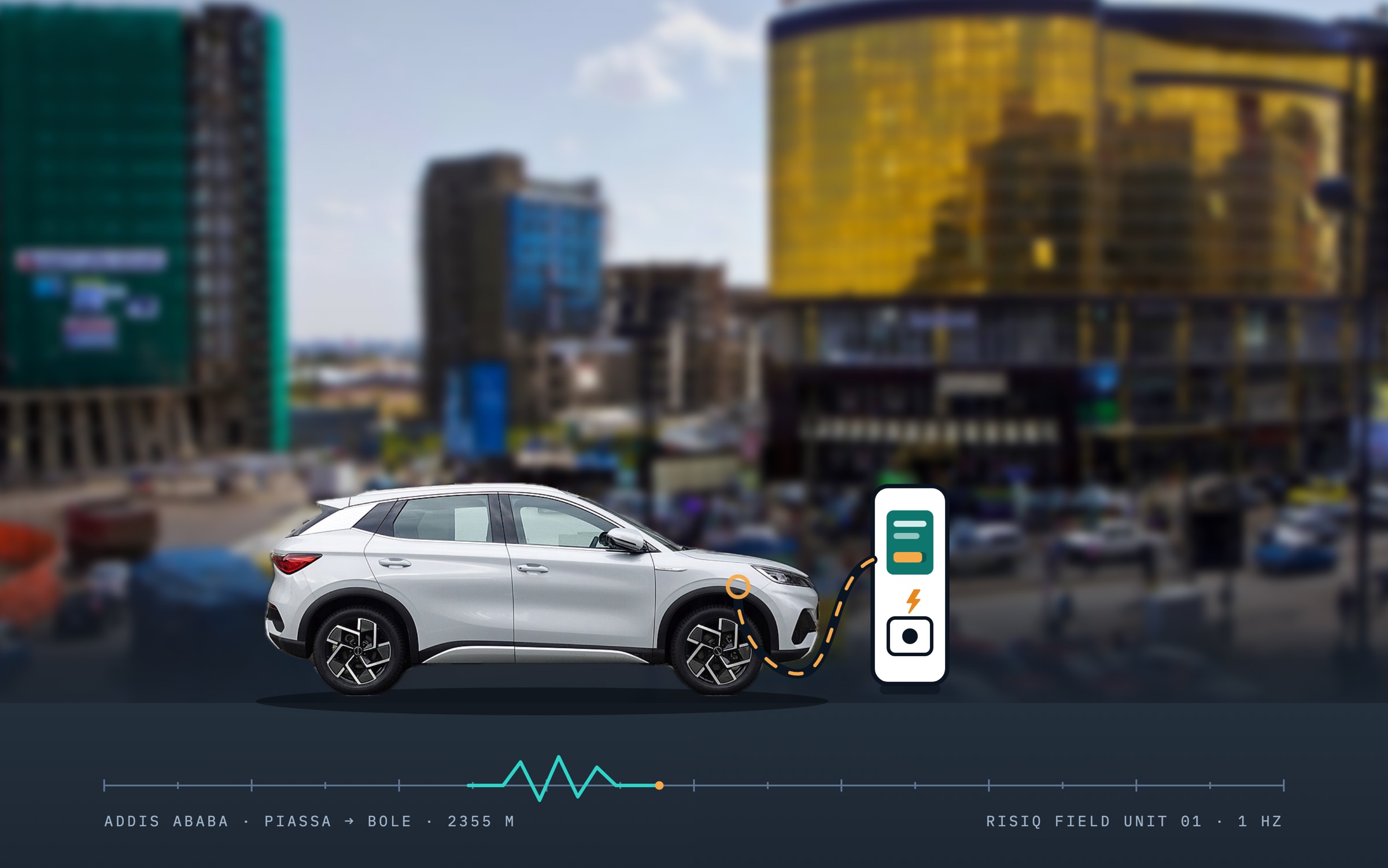A BYD Atto 3 charging at a RISIQ test unit against the Addis Ababa skyline